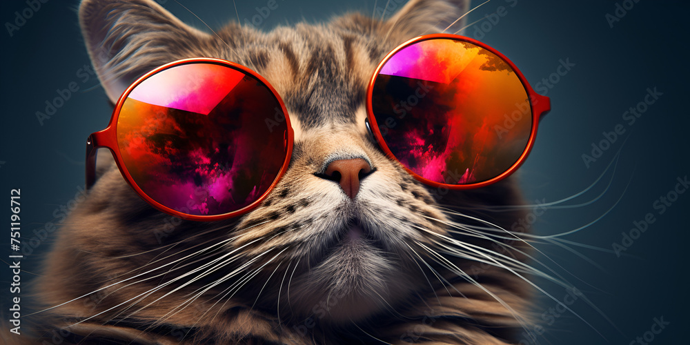 funny cat portrait in sunglasses Cute Funny cat in stylish sunglasses realistic isolated yellow background Funny Cat Face with funky glasses Poster 