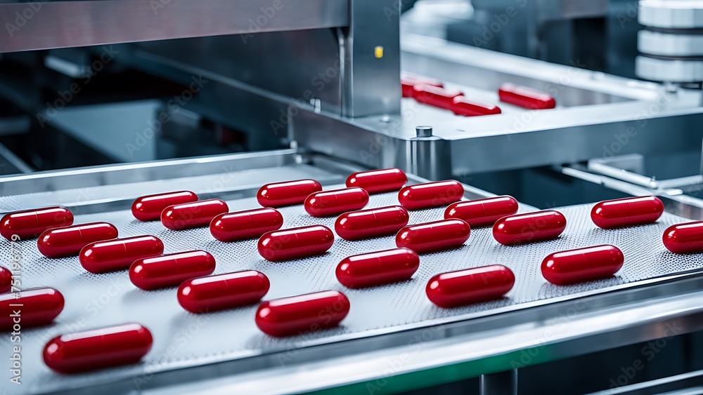 Vibrant red capsules on a pharmaceutical production line with precision machinery in a sterile environment.