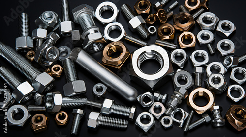 Metal Bolts nuts and washers. Fasteners equipment.