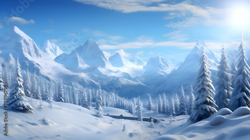 Winter landscape with snowy fir trees and blue sky. 3d render © Wazir Design