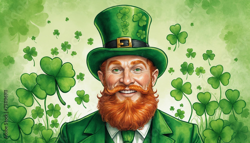 A man leprechaun wearing a green hat, on a green background with a shamrock. St. Patrick's Day celebrations background with copy space in watercolor style