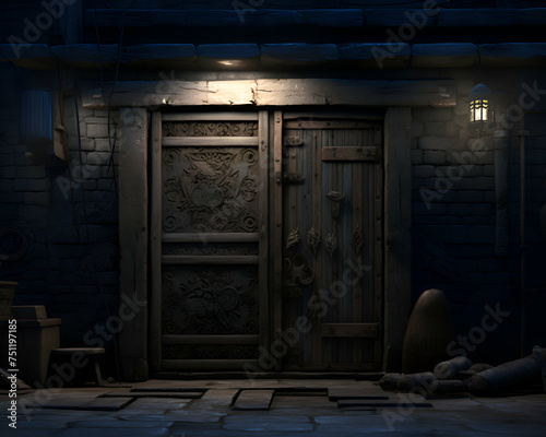 3D rendering of a fantasy scene with a door and a lamp photo