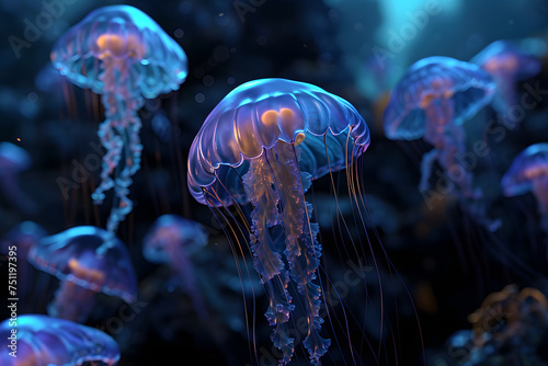 glowing sea jellyfishes on dark background, neural network generated art. Neural network generated in January 2024. Not based on any actual scene or pattern.