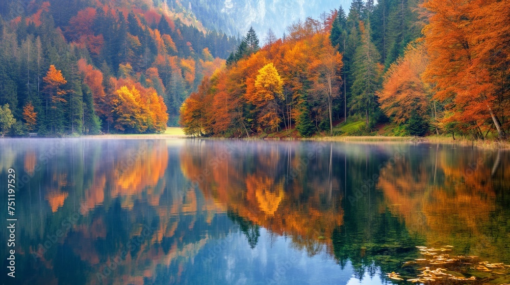 A tranquil lake surrounded by trees with leaves changing colors in the fall, reflecting the serene beauty of autumn.