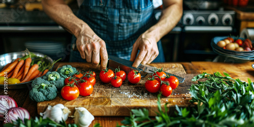 Fresh Produce: Man Chopping Tomatoes. Man's hands preparing vegetables on a chopping board.