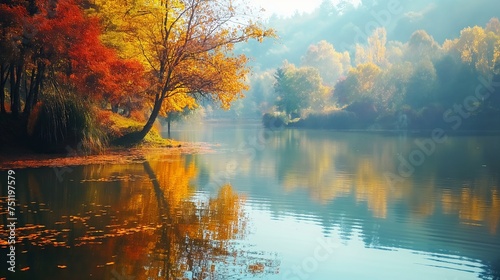 A tranquil lake surrounded by autumn-colored trees.