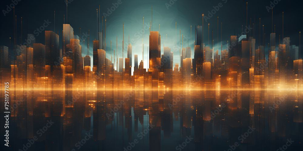 futuristic city 3d abstract dark cyan with neon energy lights background cityscape with the  city with a golden glow and a cityscape in the background Araphid cityscape with a glowing light in the mid