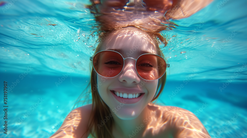 woman making selfie underwater,ai
