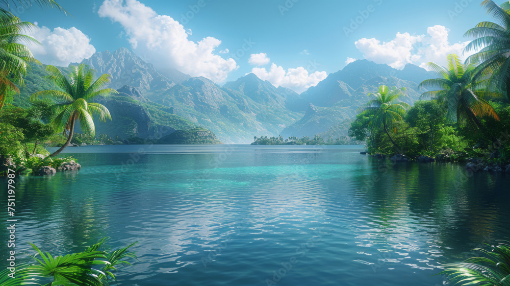 lake and palms, Mahe island, Seychelles.