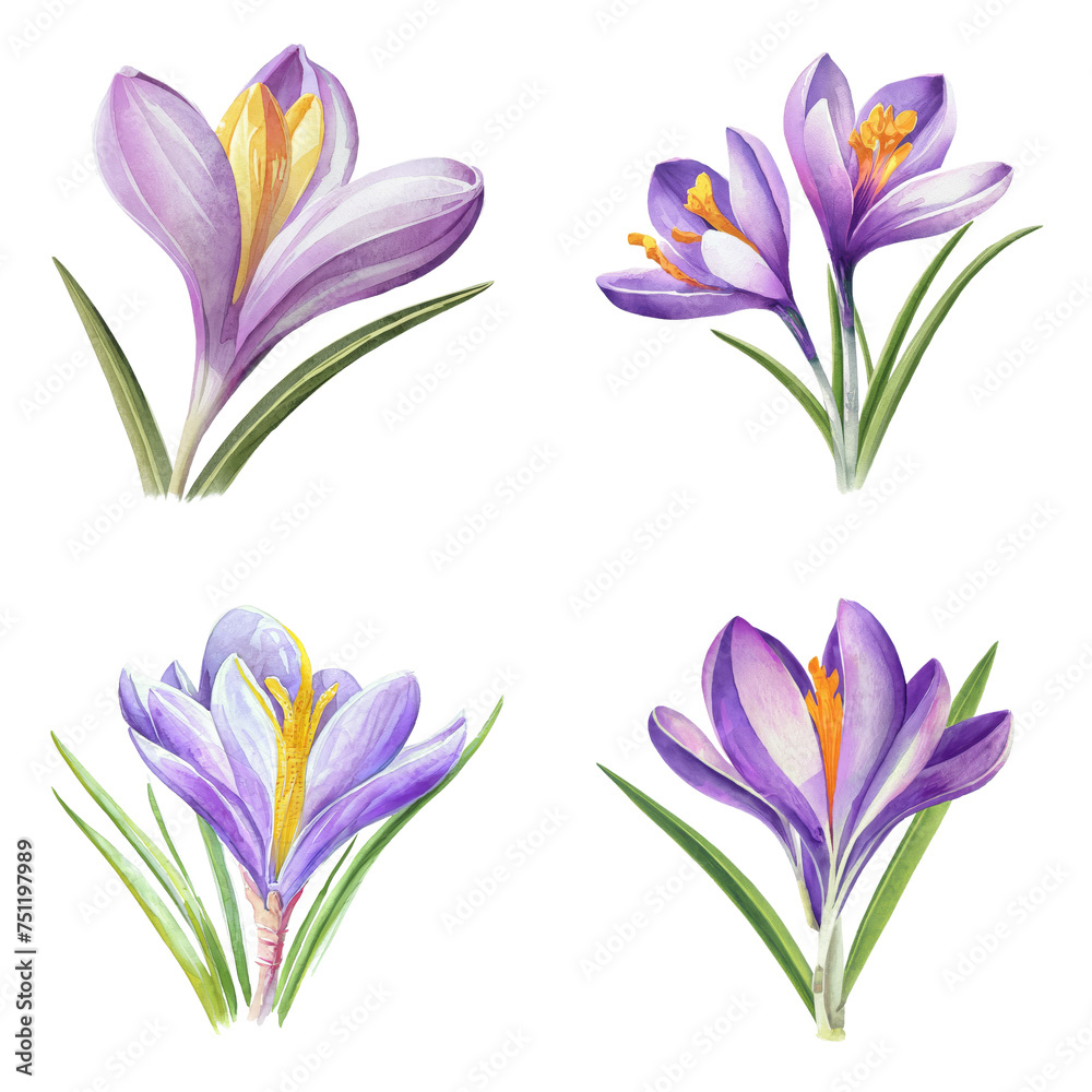Saffron Crocus Flower Set on transparent background.
