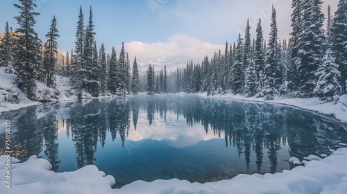 A tranquil lake surrounded by snow-covered pine trees. © Annu's Images