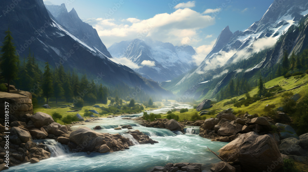 Mountain landscape with mountain turbulent river i