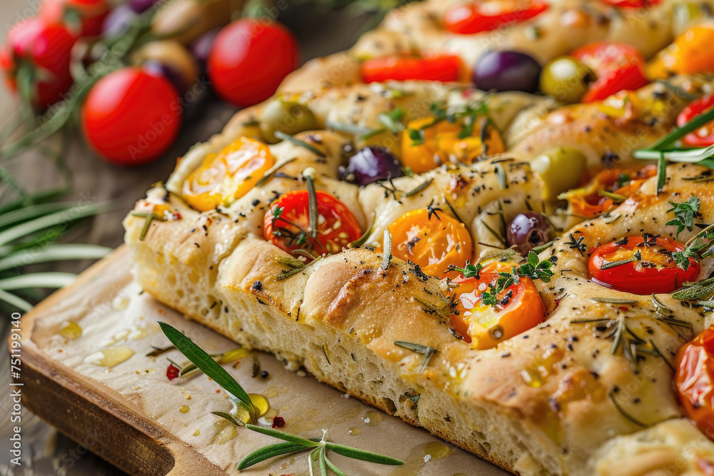 Close-up of chewy, savory focaccia bread topped with vegetables and infused with olive oil