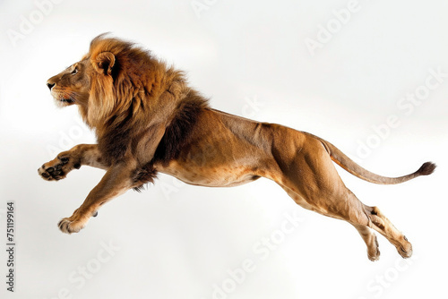 Dynamic capture of a lion in mid-air leap against a clean white backdrop photo