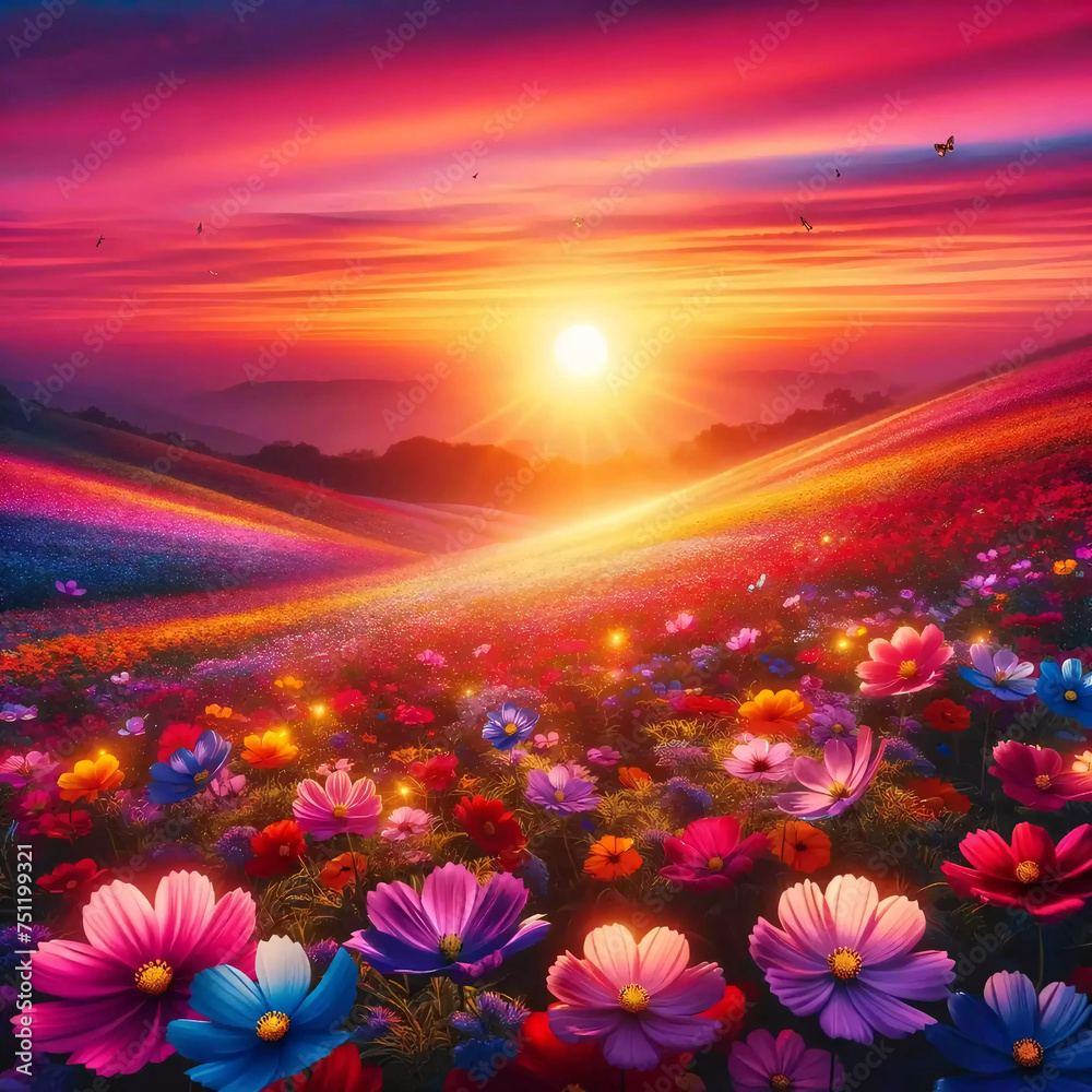赤く美しい太陽と花が咲く丘の風景【生成AI】