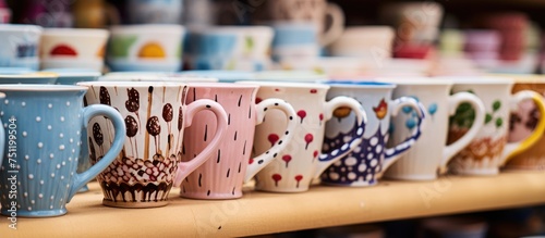 A row of various coffee cups, including handmade ceramic mugs in shapes like cupcakes, berries, and ice cream cones, sits neatly on top of a wooden shelf in a craft fair or workshop. The cups are photo