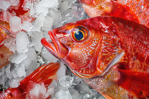 Close-up of big red fish on ice