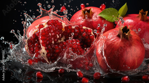 Smooth Fresh ripe organic slices Pomegranate Fruits slices and falling into water and splashes created with Generative AI Technology