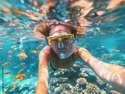 A woman snorkels in clear waters above a vibrant coral reef, surrounded by colorful fish, exploring marine life