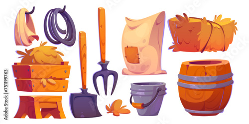 Horse stable or farm barn elements and tools. Cartoon vector illustration set of ranch interior objects - hay in stack and wooden box, rope or lasso and sack, shovel and pitchfork, barn and bucket.