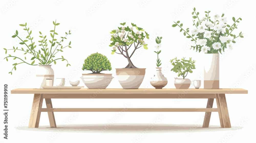 Vintage wooden table shelf with potted bloom bonsai. - obrazy, fototapety, plakaty 