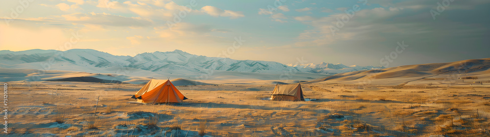 Mongolian few tents on landscape drone view, Generative Ai