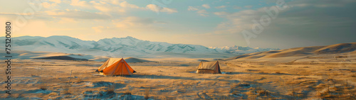Mongolian few tents on landscape drone view  Generative Ai