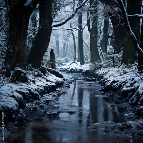 Winter in the forest. A stream flows through the winter forest.