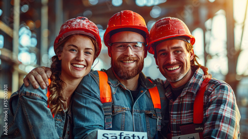 Three happy construction safety team engineer,generative ai