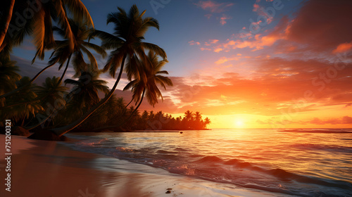 Tropical beach at sunset with palm trees. 3d render © Wazir Design