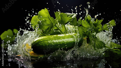 Smooth Fresh organic raw green zucchini courgette baby marrow Vegetables falling into water and splashes created with Generative AI Technology