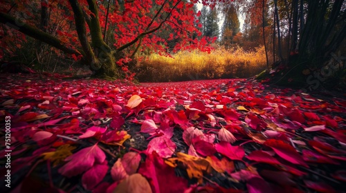 A vibrant autumn forest with leaves in various shades of red and gold, creating a mesmerizing carpet on the ground.