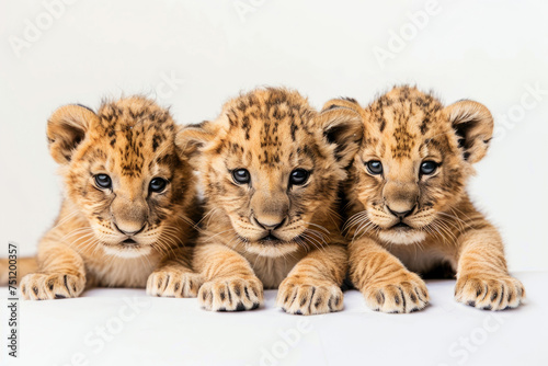 Three cute lion cubs posing together against a clean white backdrop