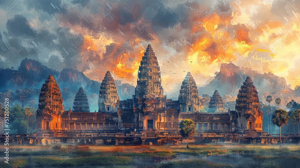Prasat Phimai, ancient Khmer temple in Thailand, rendered in watercolor style,generative ai - obrazy, fototapety, plakaty 