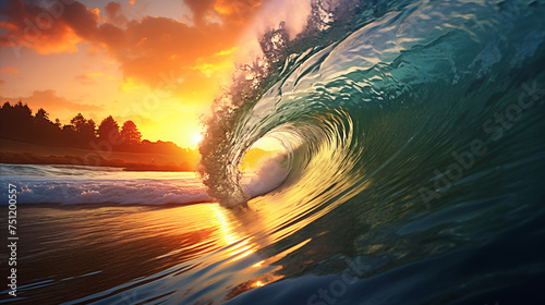 Ocean wave swirls into a tube at sunset landscape