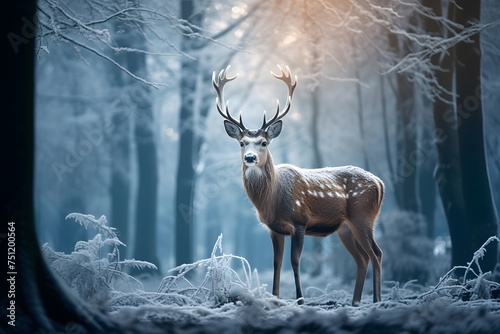 Fallow deer in the forest at night, panoramic banner