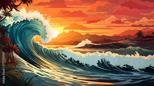Ocean wave swirls into a tube at sunset landscape