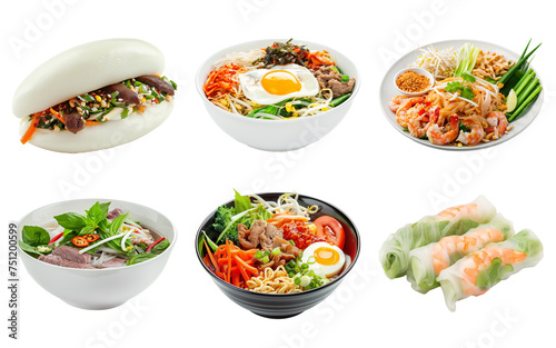 Assorted Asian cuisine dishes isolated on a transparent background, featuring Vietnamese pho, Korean bibimbap, shrimp spring rolls, bao bun, and pad Thai, perfect for culinary themes and restaurant me