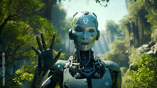 Cyborg in deep forest. Futuristic cyborg with raised hand.