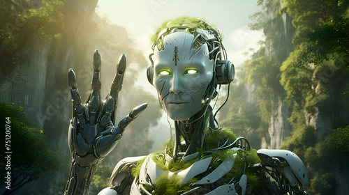 3D rendering of a female robot with green eyes and arms raised