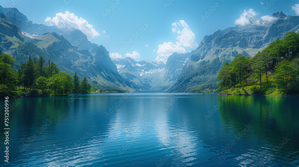 Obraz premium Lake in the Swiss Alps. Panoramic view of the nature and mountains of Switzerland.