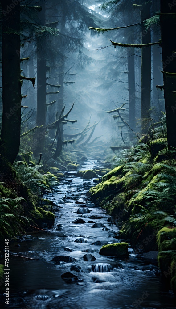 Panoramic view of a stream flowing through a foggy forest