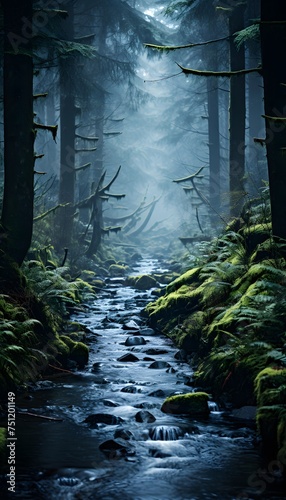 Panoramic view of a stream flowing through a foggy forest