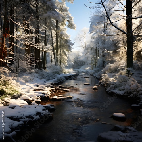 Winter landscape with a small river in the forest. Winter nature.