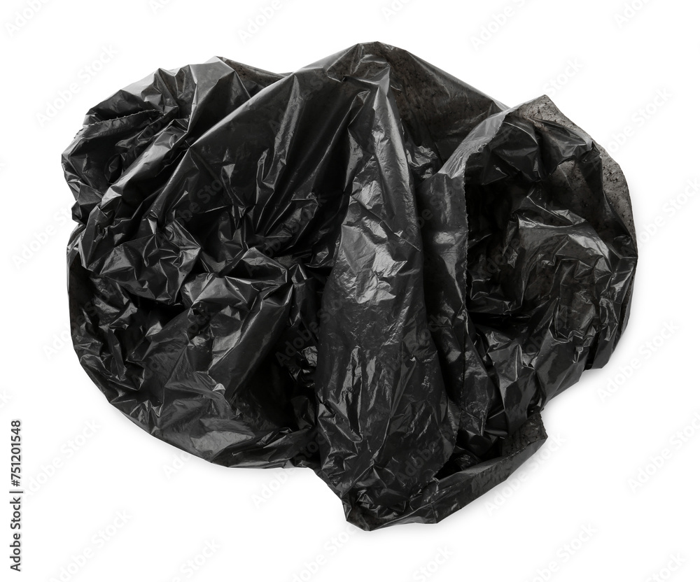 Used black plastic bag isolated on white