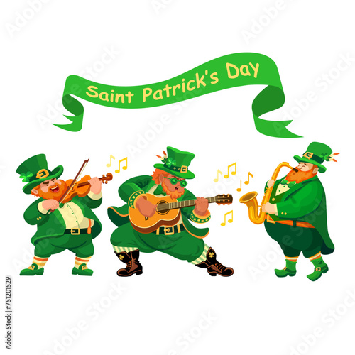 Musicians in leprechaun costumes. Three funny fat People with a guitar, violin, saxophone. Cartoon characters in flat style isolated on white. Illustration for St. Patricks Day,  Irish holiday. Vector