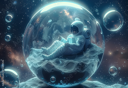 An astronaut is enclosed in a transparent bubble, floating in the vastness of space. The concept revolves around isolation and the fragility of life in the cosmos.