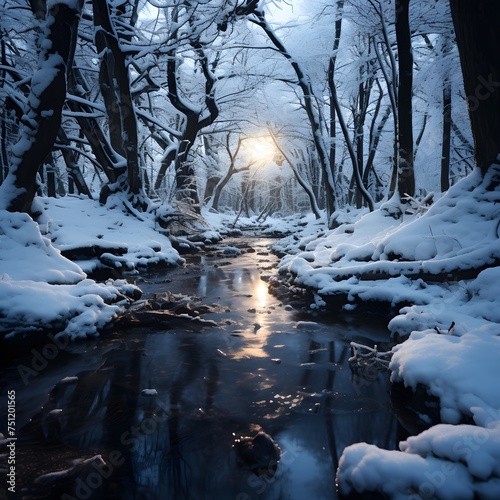 Winter forest with snow covered trees and stream. Beautiful winter landscape.