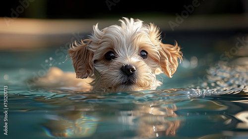 a white puppy swimming in the swimming pool, in the style of light,generative ai