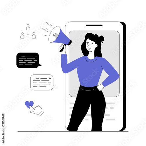 Outbound marketing concept. Business product promotion. Woman making advertising campaign and sending promo letters for attract client. Vector illustration with line people for web design.